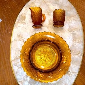 LARGE AMBER VINTAGE GLASS ASHTRAY w/ BONUS mini Toothpick holder & mini creamer